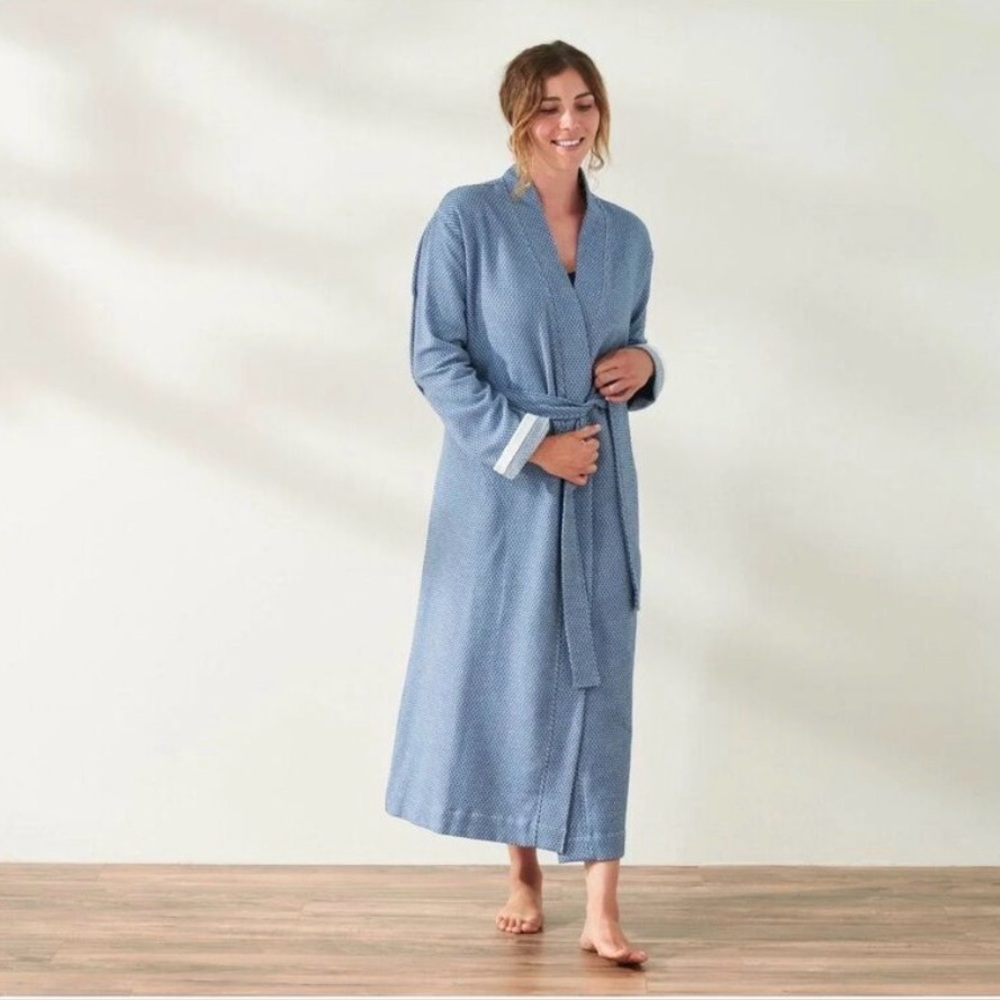 Coyuchi Unisex Blue and White 100% Organic Cotton Robe S/M